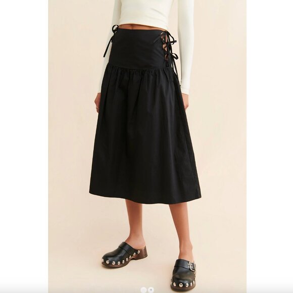 Allina Liu Break Skirt XS Onyx Black Midi Tie Sides Lining Cotton Boho - Picture 1 of 8
